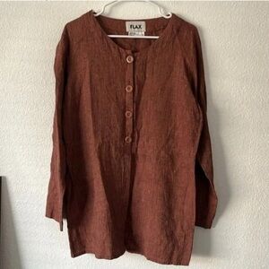 Flax 100% Linen Small Long Sleeve Tunic Top Burgundy